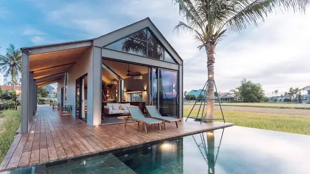 Desain Rumah Desa Minimalis dengan Tempat Duduk Pinggir Sawah (ChatGPT)