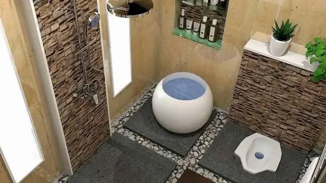 Desain Kamar Mandi Minimalis Kloset Jongkok Shower dengan Dinding Keramik Motif