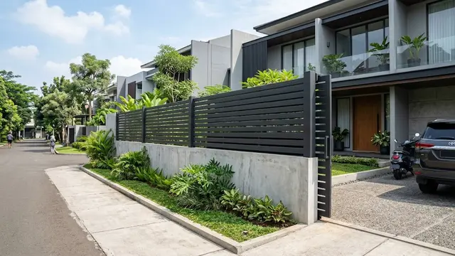 Pagar Besi Horizontal dengan Tembok Batu Alam