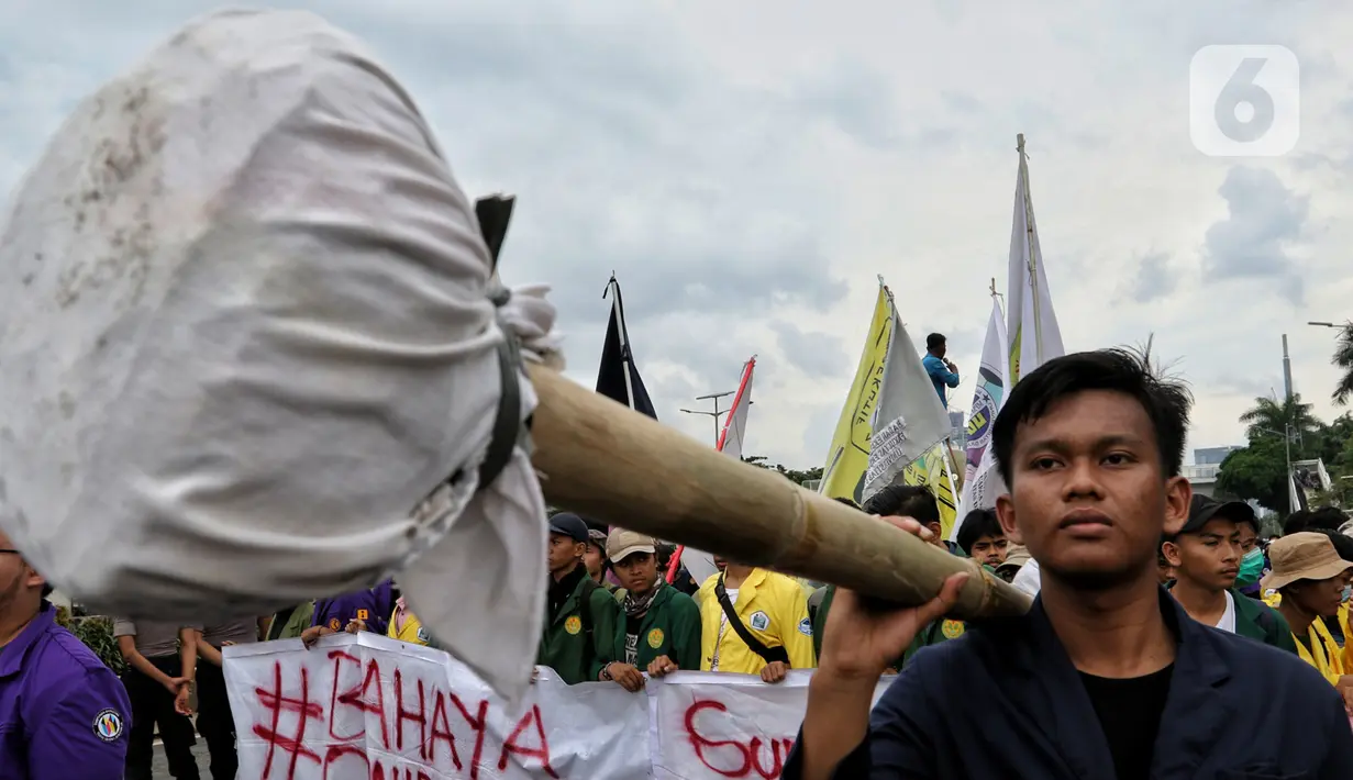 Mahasiswa membawa korek kuping raksasa saat berunjuk rasa menolak RUU Omnibus Law di depan Gedung MPR/DPR/DPD di Jalan Gatot Subroto, Jakarta, Rabu (4/2/2020). Aksi ini diikuti Aliansi Badan Eksekutif Mahasiswa Seluruh Indonesia (BEM SI) dari 13 kampus di Jabodetabek. (Liputan6.com/Johan Tallo)