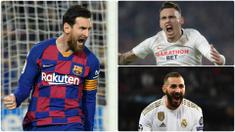 Raihan gol Lionel Messi masih belum tertandingi meski ia tidak mencetak gol di laga pekan ke-30 saat Barcelona melawan Sevilla. Sementara Karim Benzema yang tampil produktif bersama Real Madrid mulai menambah jumlah golnya. Berikut top skor sementara Liga Spanyol. (kolase foto AFP)