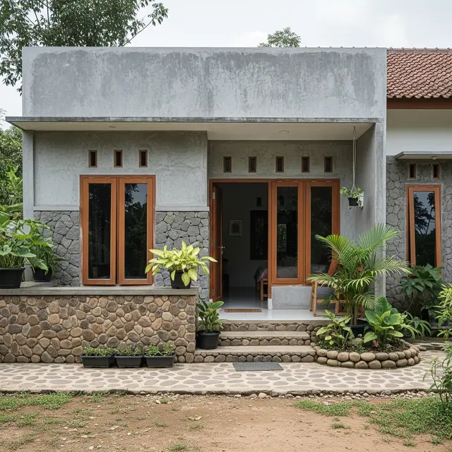 Desain Kombinasi Batu Alam dan Semen Kasar yang Bikin Rumah Kampung Lebih (AI)