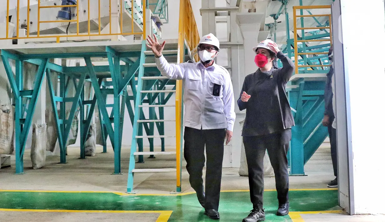 Ketua DPR RI Puan Maharani (kanan) bersama Direktur Utama Perum Badan Urusan Logistik (Bulog) Budi Waseso meninjau proses unit Modern Rice Miling Plant (MRMP) di Karawang, Jawa Barat, Rabu (21/9/2022). Kunjungan kerja tersebut guna membantu petani dalam negeri melalui infrastruktur penggunaan teknologi modern proses pengolahan beras untuk mewujudkan ketahanan pangan nasional. (Liputan6.com/Angga Yuniar)