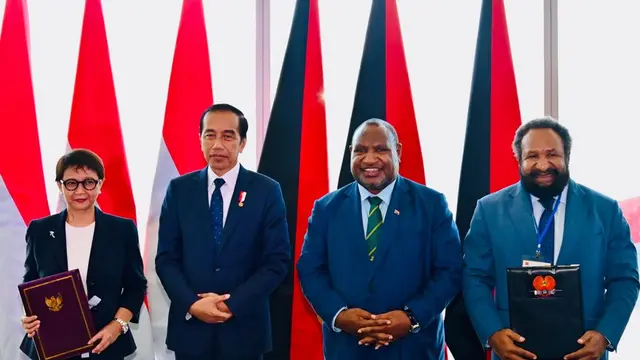 Presiden Joko Widodo atau Jokowi saat menghadiri pertemuan forum bisnis pertama antara Indonesia dan Papua Nugini yang digelar di APEC Haus, Papua Nugini, pada Rabu (5/7/2023).