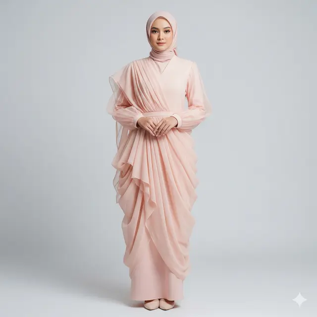 Model Gamis Bahan Maxmara dengan Potongan Drapery Mewah. Gemini