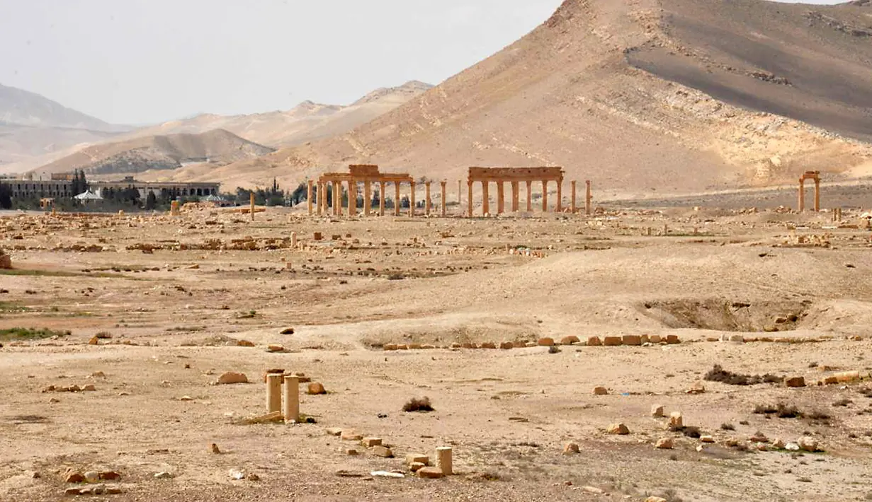 Suasana kota bersejarah Palmyra di Homs Governorate, Suriah, 27 Maret 2016. Kota ini sejak lama telah menjadi perhentian kafilah yang penting bagi para pengelana yang melintasi gurun Suriah dan dikenal sebagai Jembatan Gurun. (REUTERS/SANA)