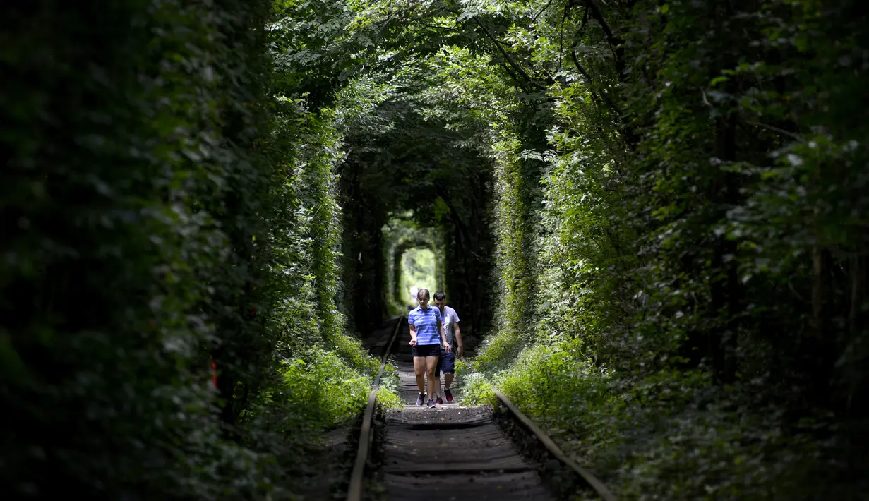 <p>Seorang wanita dan pria berjalan di sepanjang bekas rel kereta api atau disebut 'Tunnel of Love' dekat desa Ukraina Klevan, Rivno, (6/8). Terowongan ini menjadi tempat bagi wisatawan dan pasangan yang sedang jatuh cinta. (AFP Photo/Sergei Supinsky)</p>