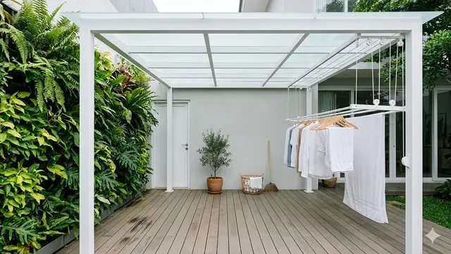 Desain Area Jemuran Samping Rumah yang Tersembunyi tapi Tetap Terang. Gemini