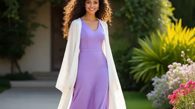 Ilustrasi Dress Lavender dengan Outer (Sumber Gambar: Meta AI)