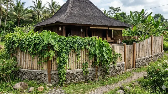 Model Pagar Rumah Rustic dari Bambu dan Batu Alam