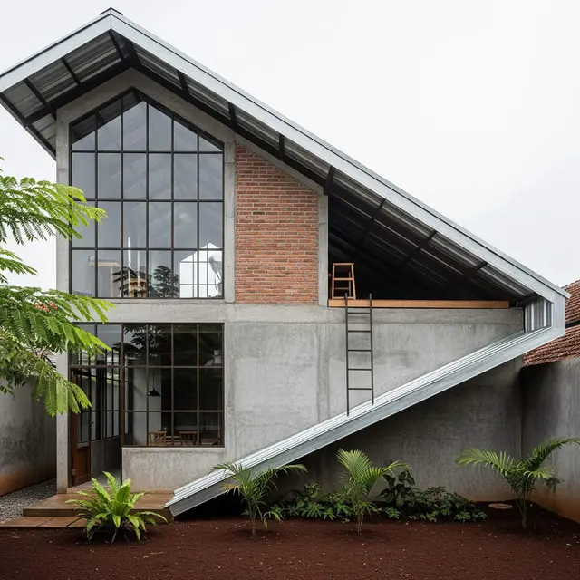 Desain Rumah Sempit Atap Miring ke Belakang