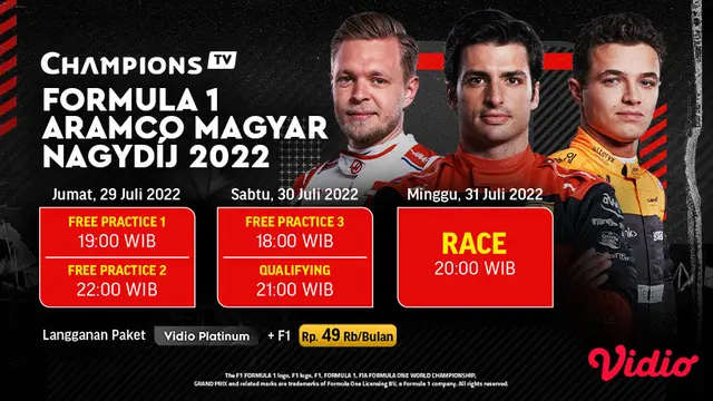 Link Live Streaming F1 GP Hungaria 2022 di Vidio Pekan Ini, 29-31 Juli 2022