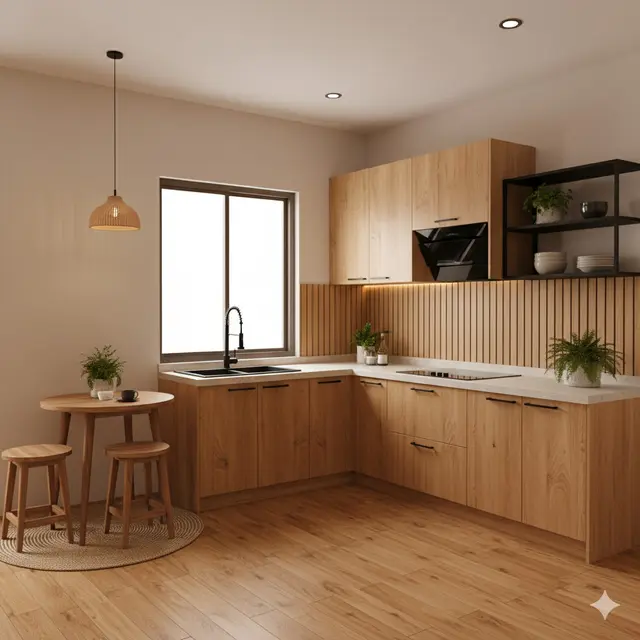 Desain Dapur Kecil Bentuk L Nuansa Kayu