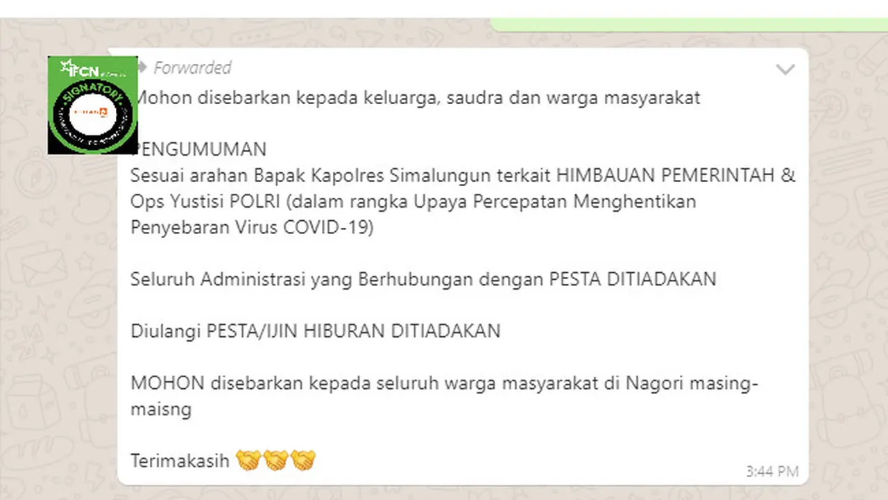 Hoaks Pengumuman Peniadaan Administrasi Pesta yang Mencatut Kapolres Simalungun