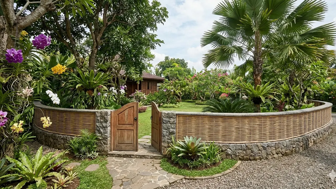 Model Pagar Rumah Rustic dari Bambu dan Batu Alam