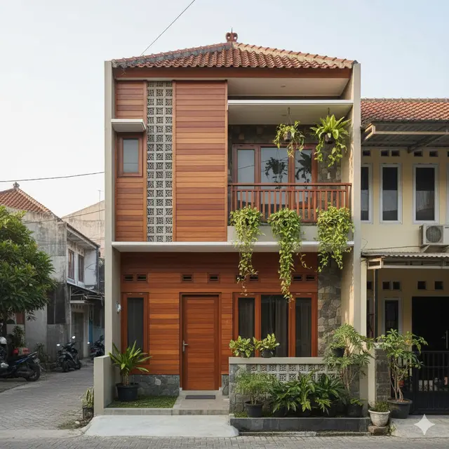 Rumah Tropis 2 Lantai dengan Fasad Kayu