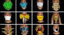 Foto kombinasi memperlihatkan Edmond Kok, seorang desainer kostum teater dan aktor Hong Kong, mengenakan berbagai masker berdesain unik yang dibuatnya untuk melindungi diri dari virus corona di Hong Kong pada 6 Agustus 2020. (AP Photo/Vincent Yu)