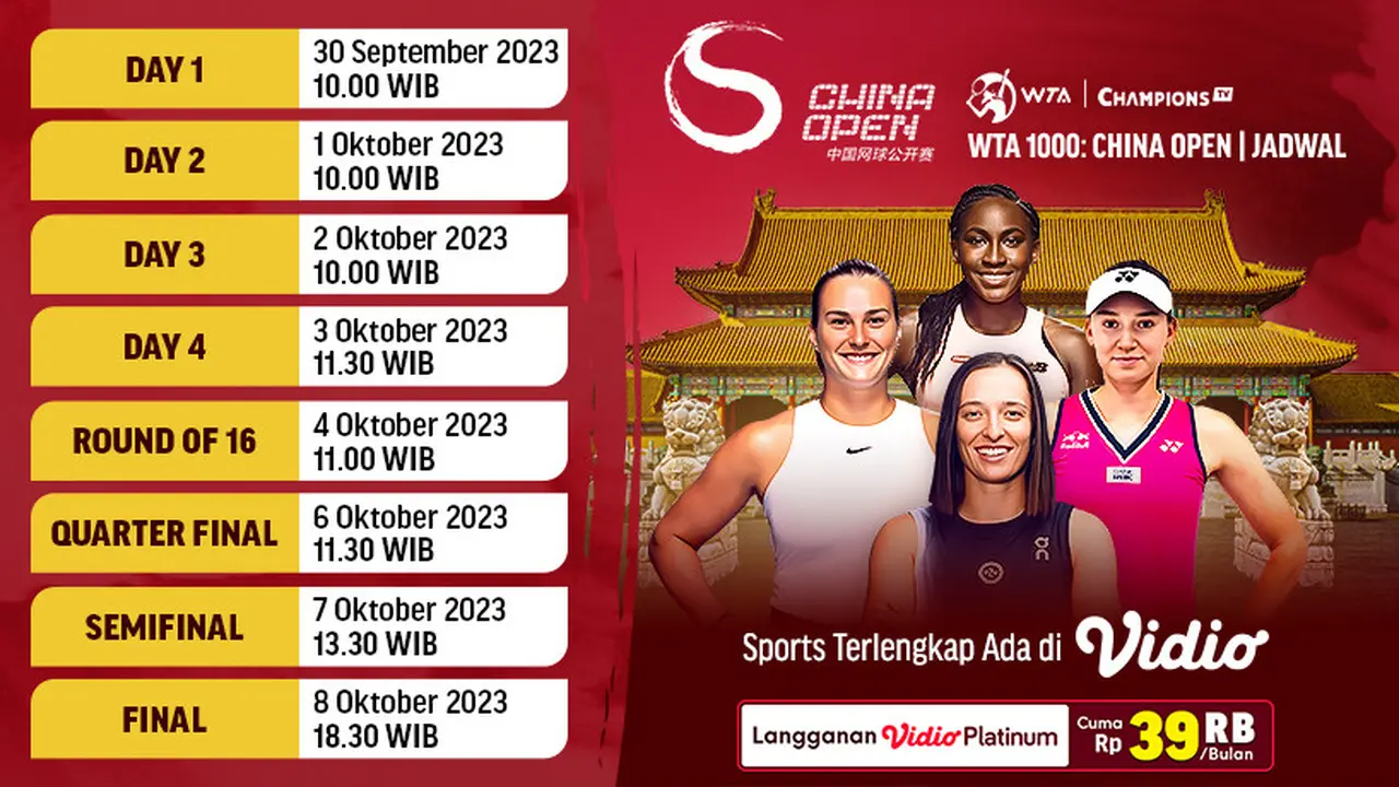 Jadwal Live Streaming WTA 1000 China Open 2023 di Vidio Pekan Ini