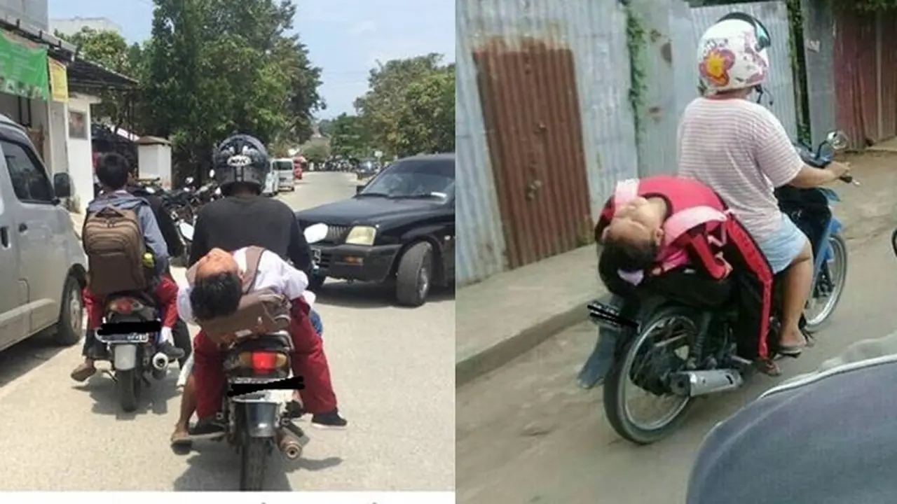 6 Potret Bocah Tidur di Motor Saat Diantar ke Sekolah Ini Bikin Orang Tua Panik