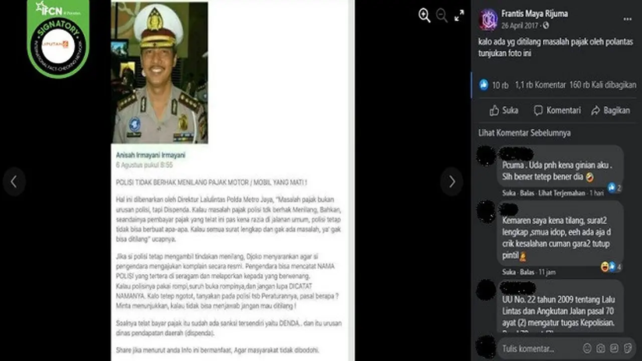 Gambar Tangkapan Layar Kabar tentang Polisi Tak Berhak Menilang Kendaraan yang Pajaknya Mati (sumber: Facebook)