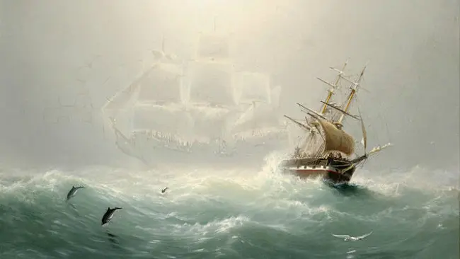 Lukisan kapal terkutuk The Flying Dutchman karya Charles Temple Dix. Keberadaan kapal terkutuk itu diduga sekedar gejala alam yang dikenal sebagai Fata Morgana. (Sumber Wikipedia Commons)