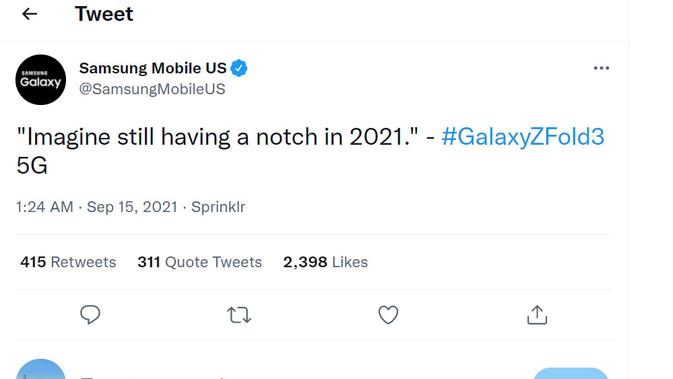 Samsung meledek notch iPhone 13 (Foto: Screenshot Twitter @SamsungMobileUS).
