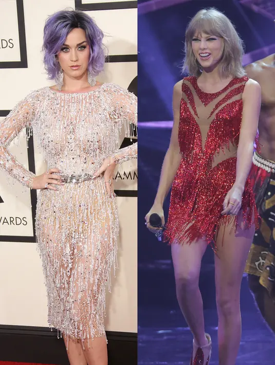 Begini penampilan mirip Katy Perry dan Taylor Swift dengan dress rumbai.(REX/Shutterstock/HollywoodLife)