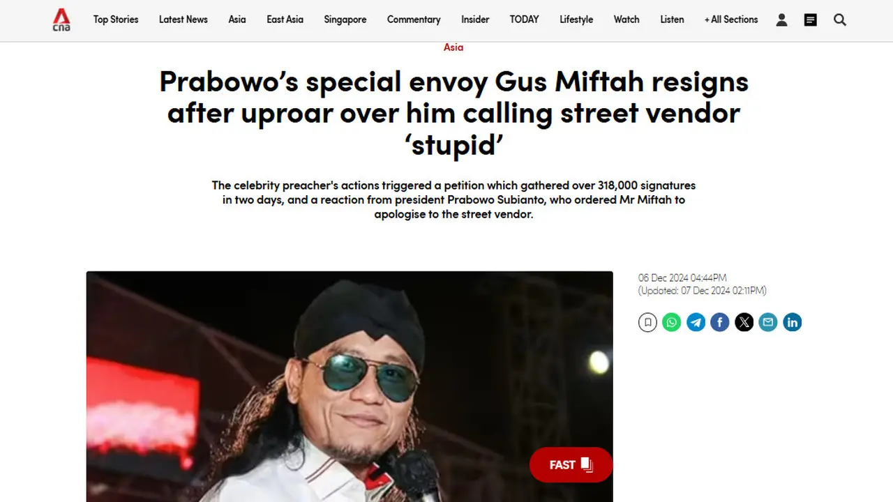 Media Singapura menyorot Gus Miftah atau Miftah Maulana Habiburrahman yang menghina penjual es teh. (Screenshot)
