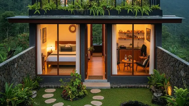 Desain Rumah Kecil Tapi Mewah Ala Villa dengan Taman Depan