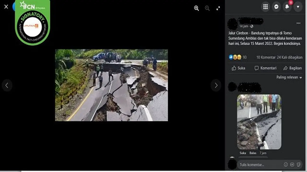 Gambar Tangkapan Layar Foto yang Diklaim Jalan Tomo Sumedang, Jalur Cirebon-Bandung Amblas (sumber: Facebook).
