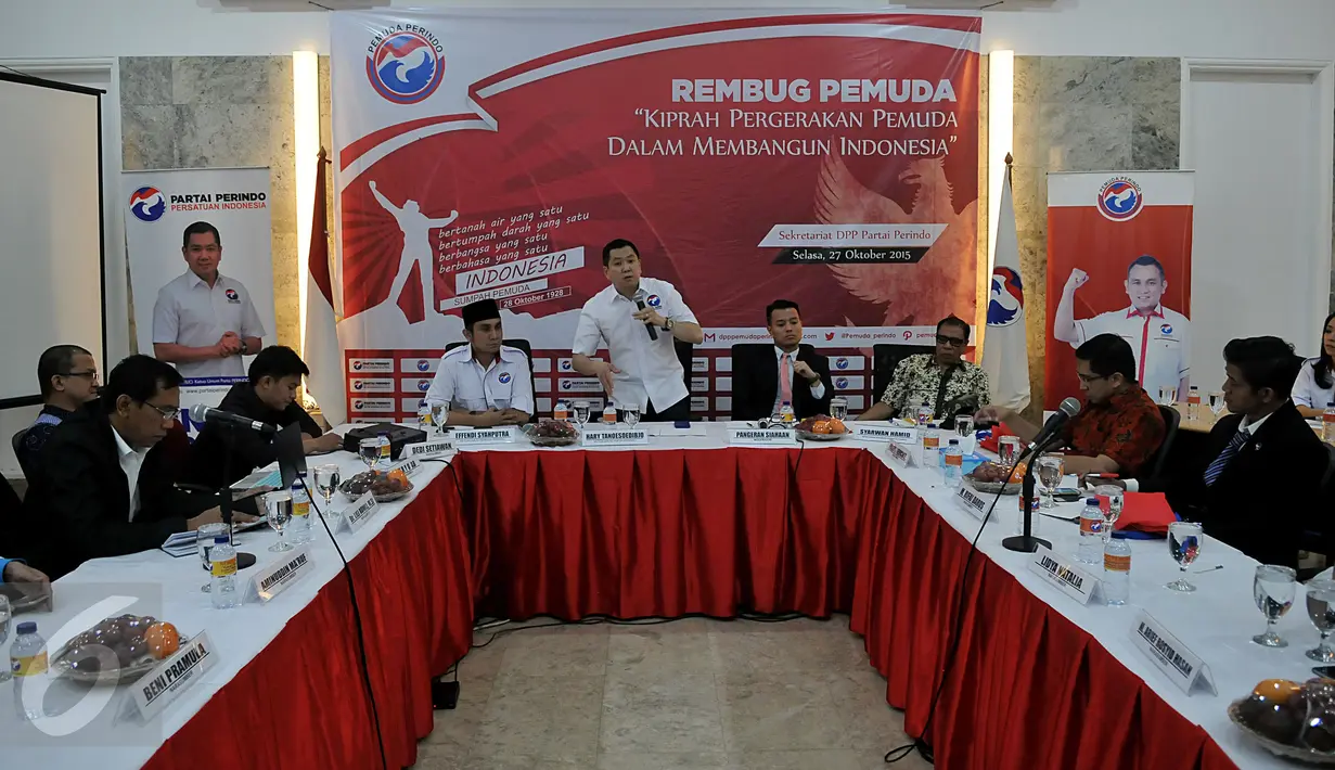 Suasana Rembug Pemuda Perindo di kantor DPP Partai Perindo, Jakarta, Selasa (27/10/2015). Perindo perihatin atas situasi perekonomian yang saat ini dihadapi pemerintahan Jokowi-JK. (Liputan6.com/Johan Tallo)
