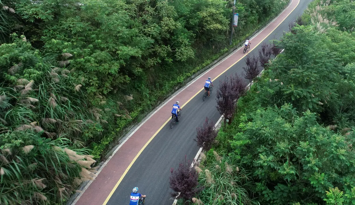 Foto dari udara memperlihatkan sejumlah orang bersepeda di sepanjang jalur sepeda di Desa Sanliya di Wilayah Pingli, Provinsi Shaanxi, China (23/7/2020). Jalur sepanjang 40 kilometer yang membentang di alam bebas ini menawarkan pengalaman yang menyenangkan bagi pesepeda. (Xinhua/Zhang Bowen)