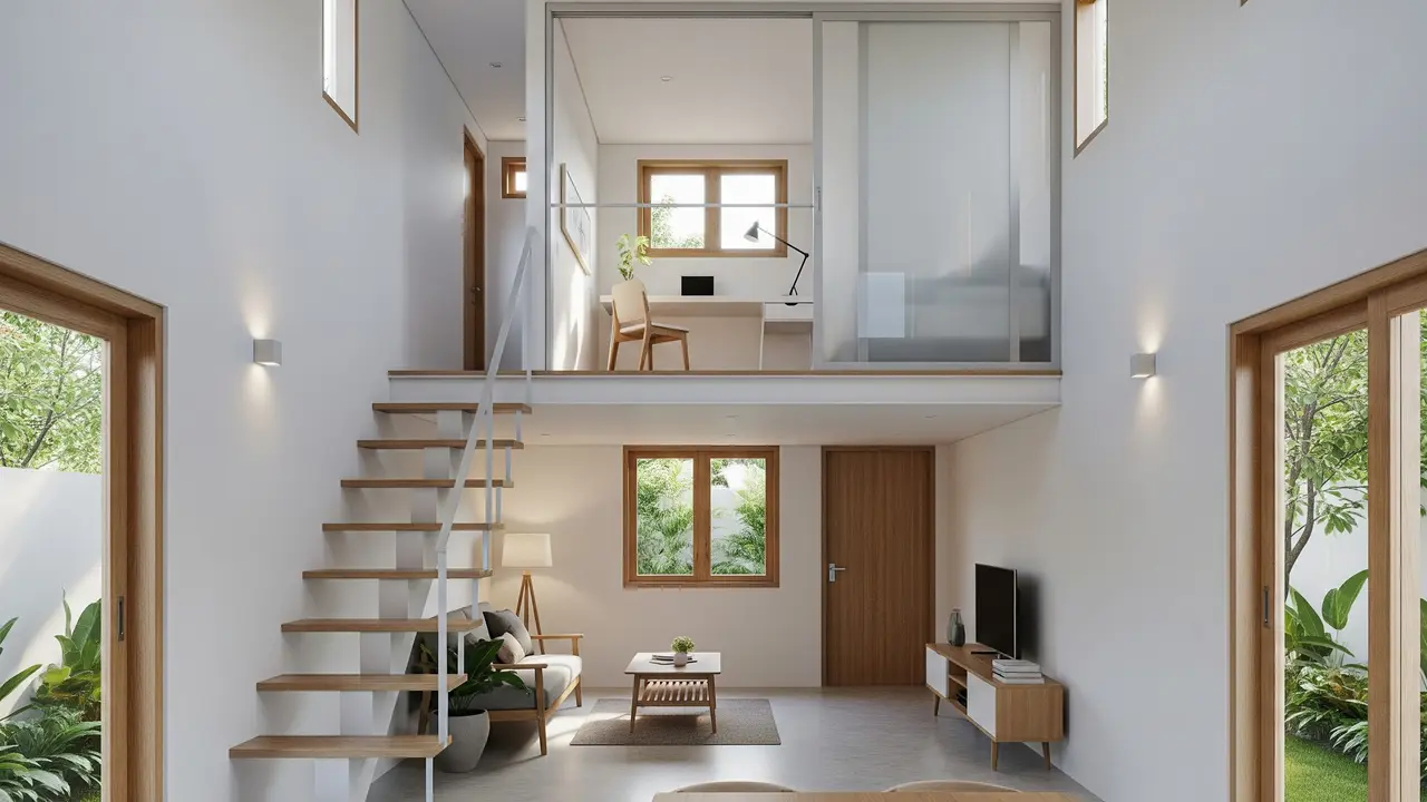 Desain Rumah Mini Modern dengan Mezzanine