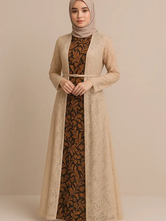 Model Dress Batik Panjang Muslim Kombinasi Polos dan Brokat