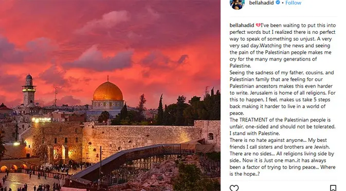 Lewat unggahan foto di akun Instagramnya, Bella menyampaikan rasa dukanya melihat ayah, keluarga dan masyarakat  di Palestina. (Instagram/Bellahadid)