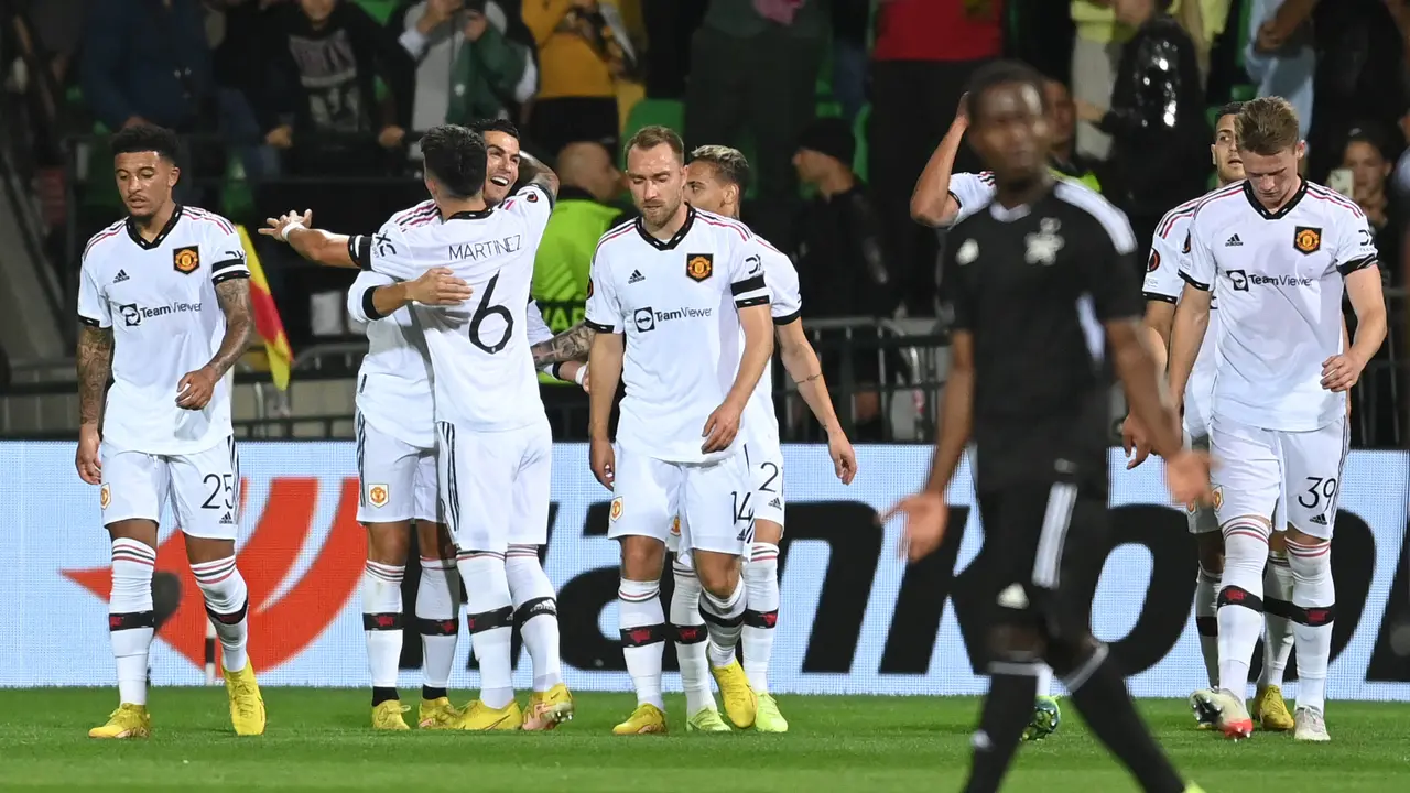 Selebrasi pemain MU saat mencetak gol di laga MU melawan Sheriff di Liga Europa