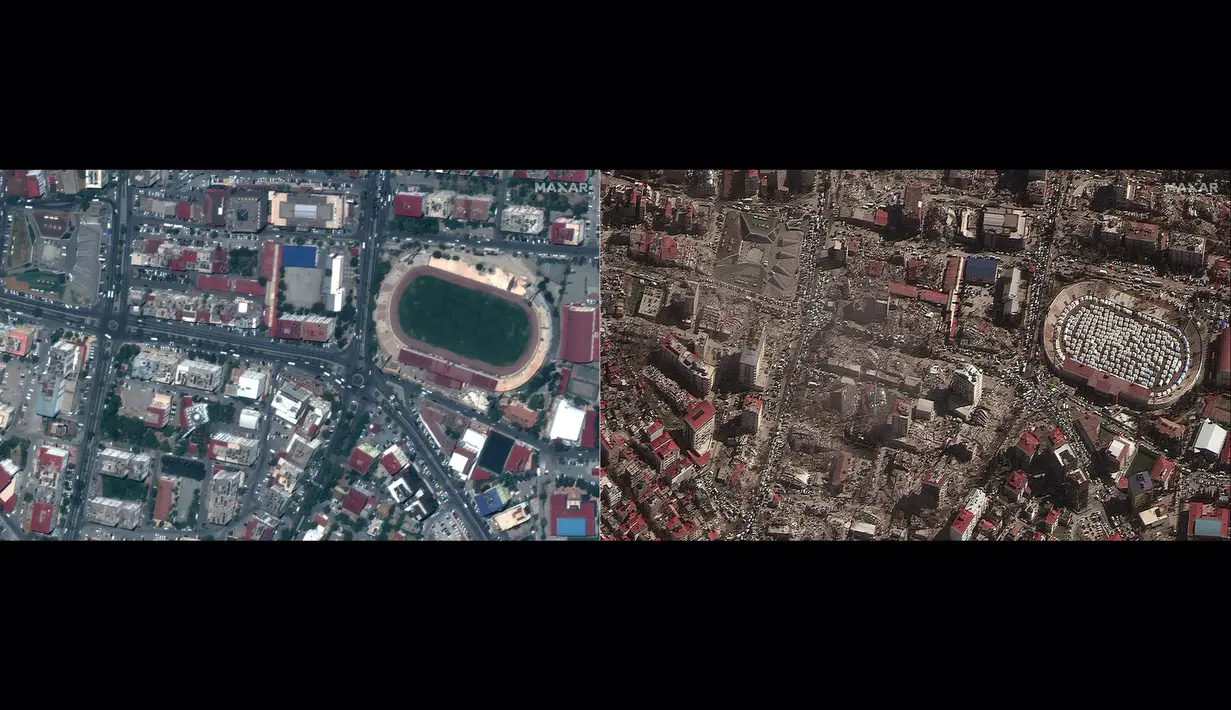 Foto kombinasi yang dibuat citra satelit handout milik Maxar Technologies pada 8 Februari 2023 ini menunjukkan bangunan dan stadion di Kahramanmaras, Turki pada 26 Juli 2022 (kiri), sebelum gempa bumi berkekuatan 7,8 SR yang melanda wilayah tersebut pada 6 Februari 2023, dan foto kanan menunjukkan bangunan yang hancur dan tempat penampungan darurat di stadion di Kahramanmaras, Turki pada 8 Februari 2023, setelah gempa bumi berkekuatan 7,8 SR yang melanda wilayah tersebut. (AFP/CITRA SATELIT ©2023 MAXAR TECHNOLOGIES)