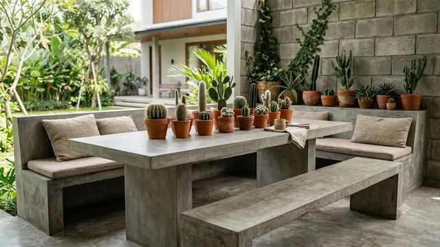 Ide Teras Rumah dengan Kaktus dan Beton Ekspos