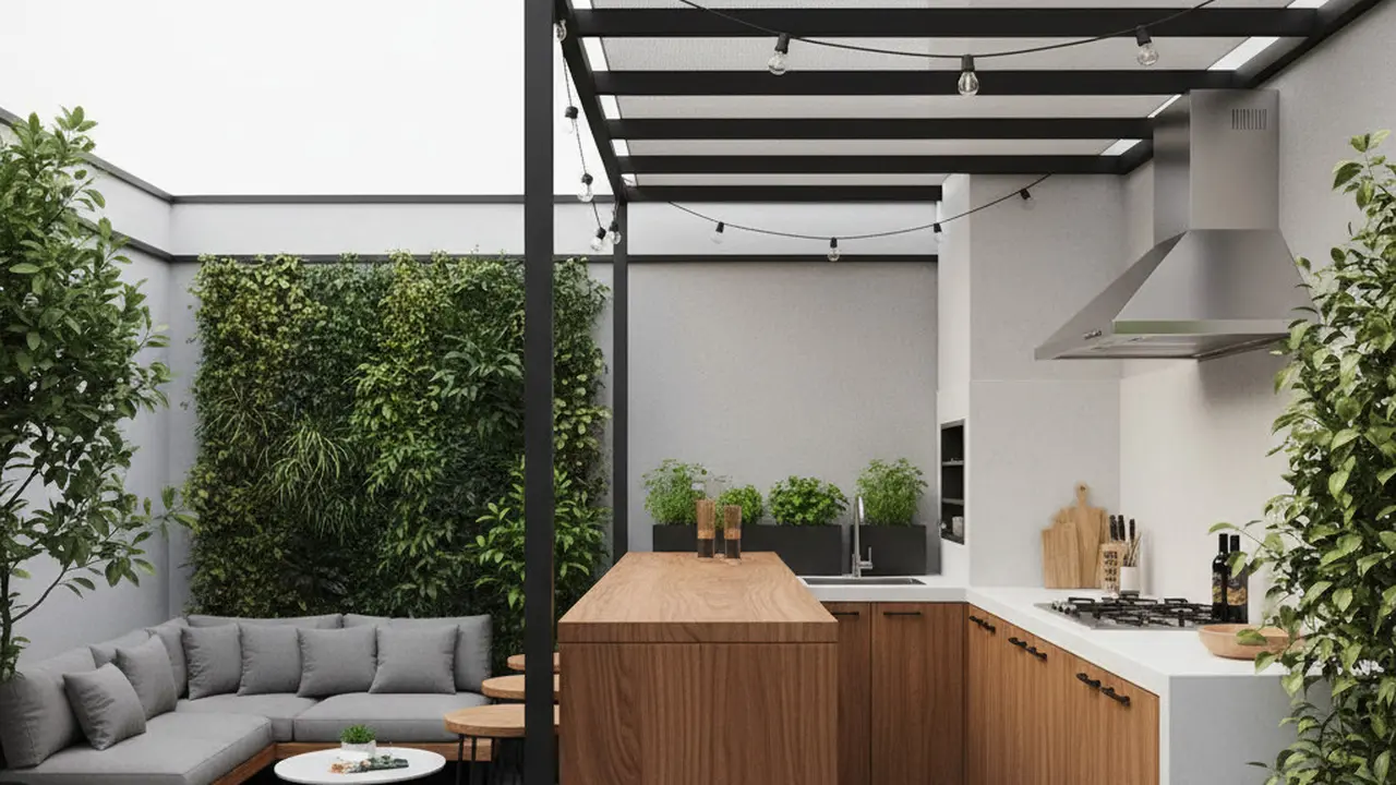 Desain Dapur Sekaligus Ruang Santai Outdoor di Rumah Tropis Sempit. Gemini