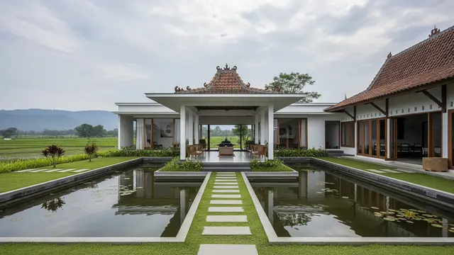Rumah Desa Kombinasi Modern Jawa dengan Pendopo Minimalis dan Kolam Ikan
