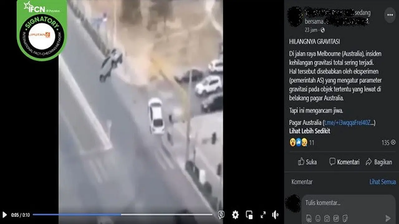 Video yang diklaim insiden mobil terbang karena kehilangan gravitasi. (sumber: Facebook)