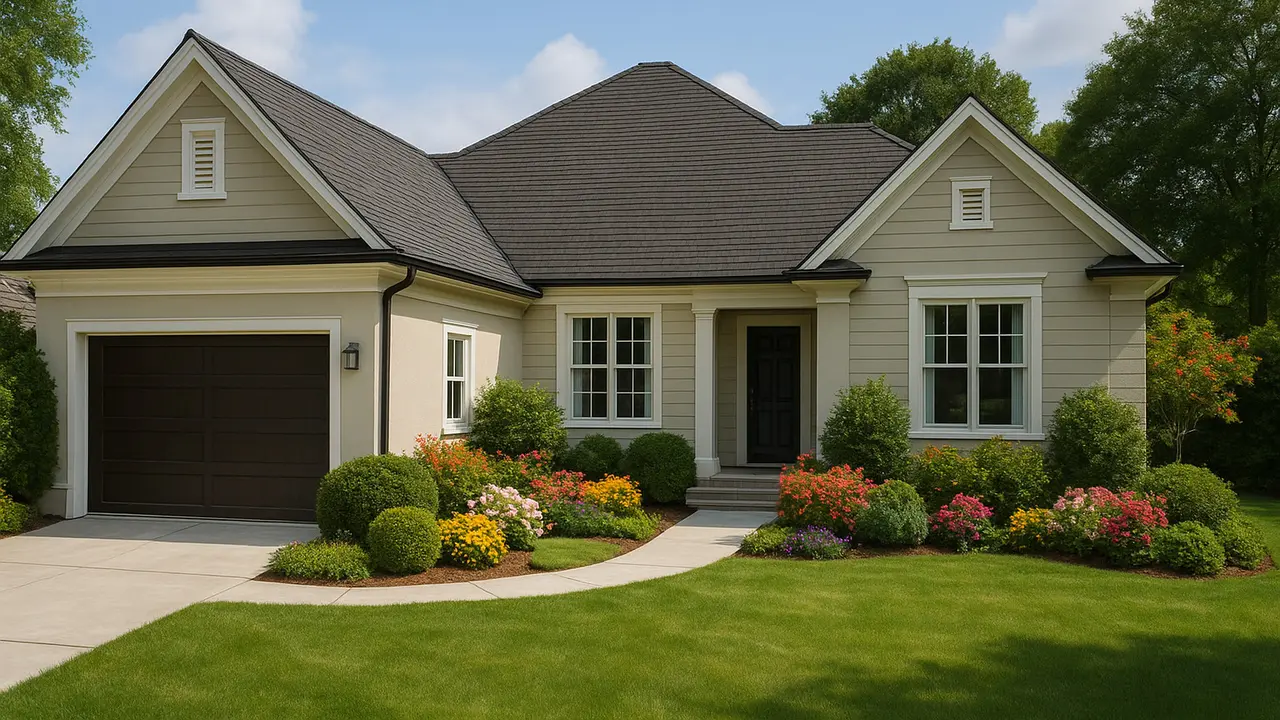 Desain Rumah L-Shape dengan Garasi dan Taman Depan