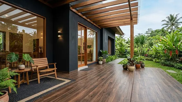 Cat Warna Hitam dan Lantai Motif Kayu/AI Generated