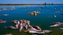 Seorang pria mencari ikan yang masih hidup saat ikan mati menumpuk di tepi Sungai Salado, Provinsi Buenos Aires, Argentina, 22 Januari 2023. (AP Photo/Natacha Pisarenko)