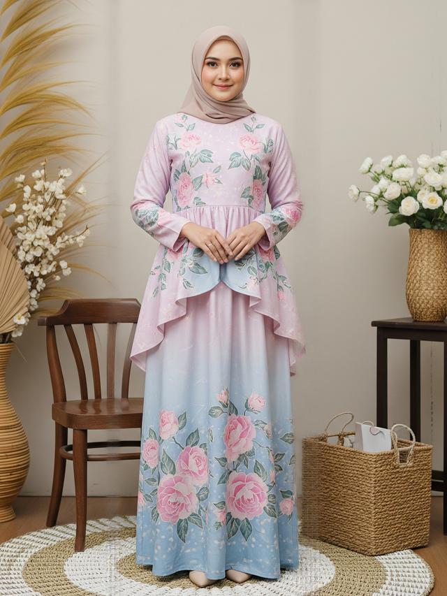 Gamis Batik Empire Waist Motif Bunga Mawar Pastel