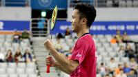 Ekspresi Anthony Sinisuka Ginting setelah mengalahkan Son Wan-ho pada semifinal Korea Terbuka Super Series 2017, di Seoul, Sabtu (16/9/2017). (PBSI)