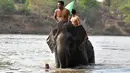 Mahout Y Ktuc Eban menunggangi gajahnya dalam lomba renang menyeberangi sungai selama festival gajah Buon Don di Provinsi Dak Lak, Vietnam, 12 Maret 2019. Sebelum berlomba, gajah-gajah peserta lomba ini diperlakukan istimewa. (Manan VATSYAYANA/AFP)