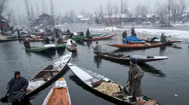 Sejumlah pedagang berada di perahu menjual sayur dan buah-buahan di pasar terapung di danau Dal, Srinagar, Kashmir India, (25/1). Pasar ini menjual sayuran yang dipetik langsung dari sebuah perkebunan yang juga ada di danau tersebut. (AP Photo/Dar Yasin)