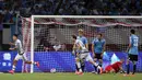 Ekspresi Paulo Dybala mencetak gol ke gawang Lazio dalam final Piala Super Italia 2015 di Stadion Shanghai, Tiongkok. Sabtu (8/8/2015). (AFP Photo/Johanne Eisele)