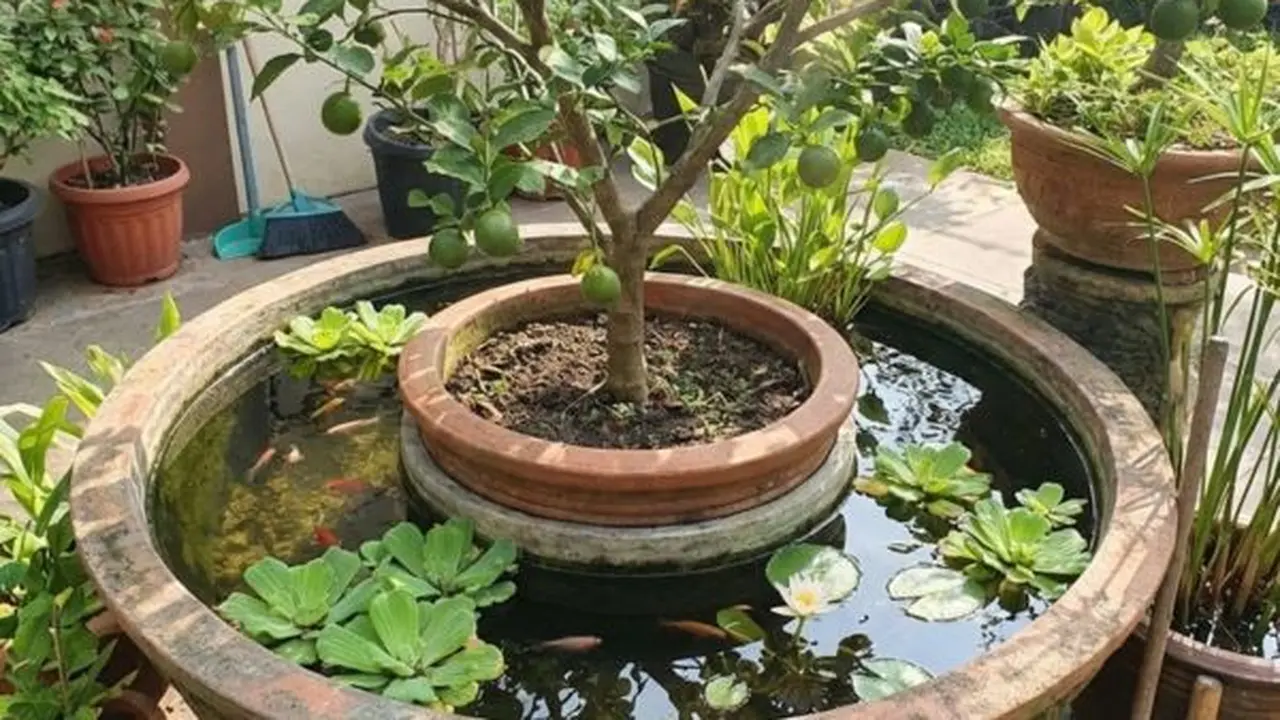 Desain Kolam Ikan Kombinasi Tabulampot di Lahan Sempit